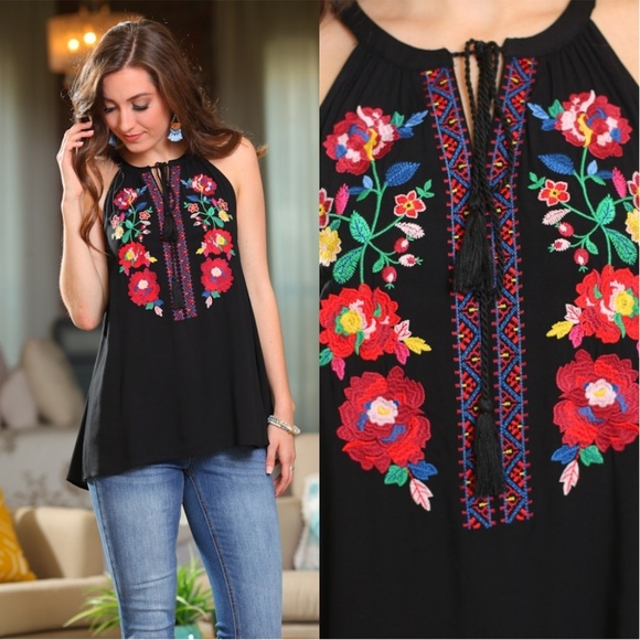 Infinity Raine Tops - LAST ONE! Black Embroidered Halter Tunic